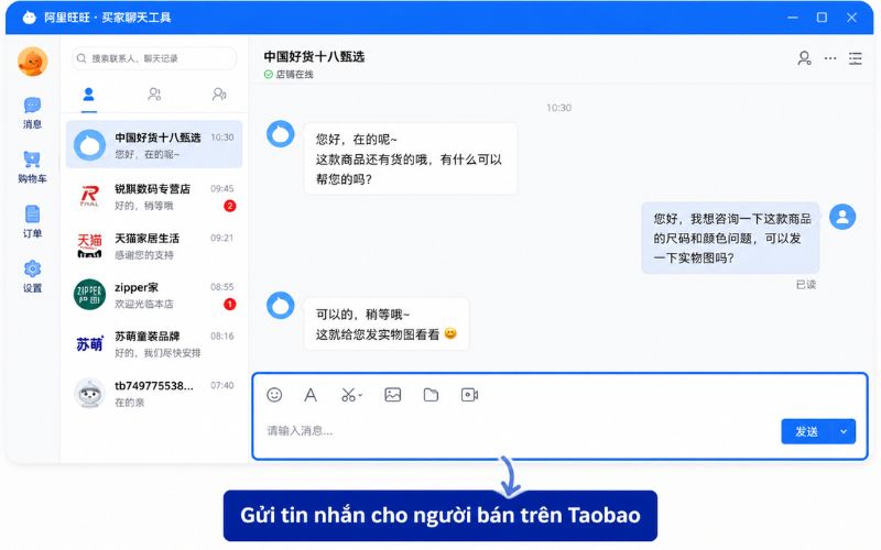 nhắn tin với shop Taobao trên Aliwangwang